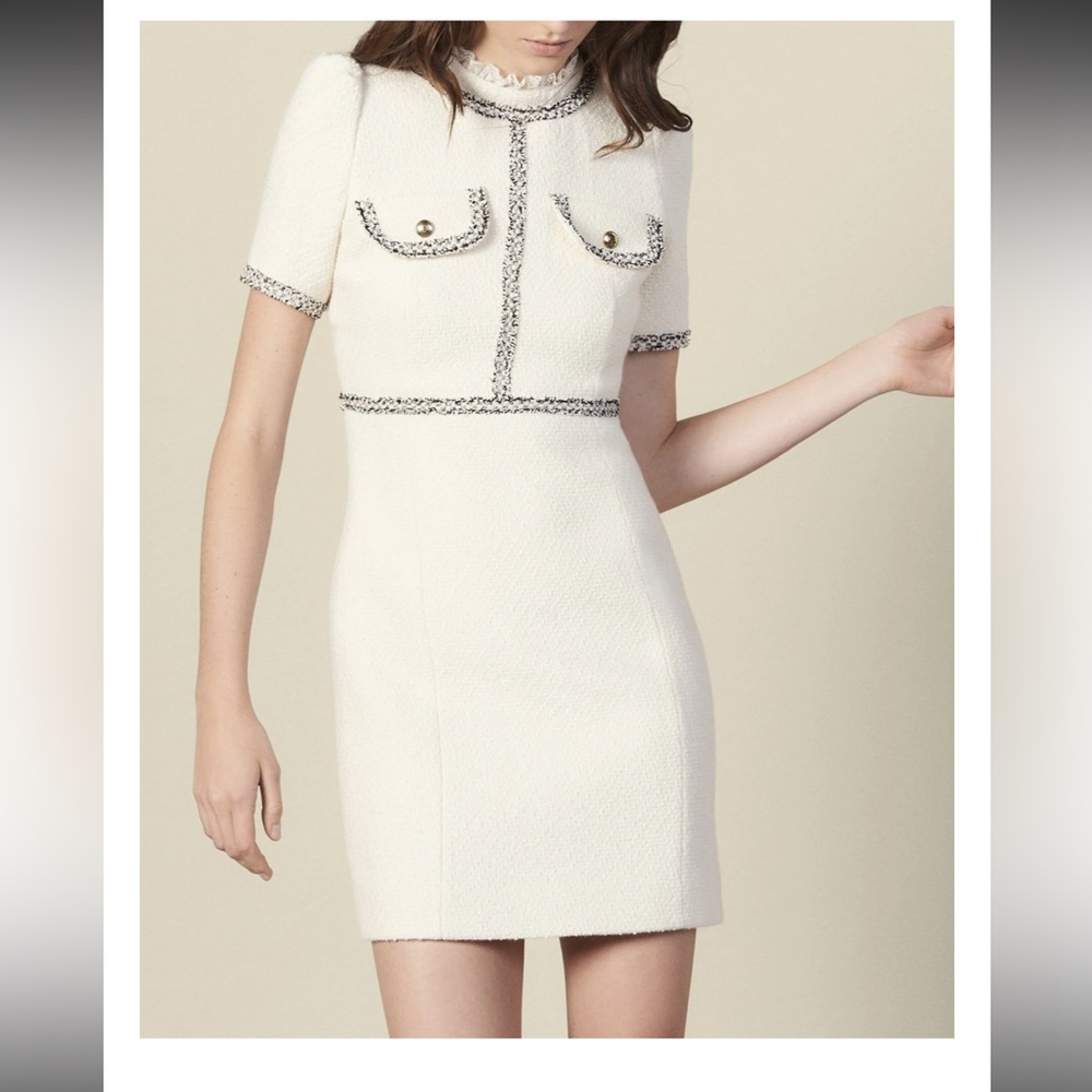 Sandro Paris Arielle White/Cream Tweed Wool Mini Dress